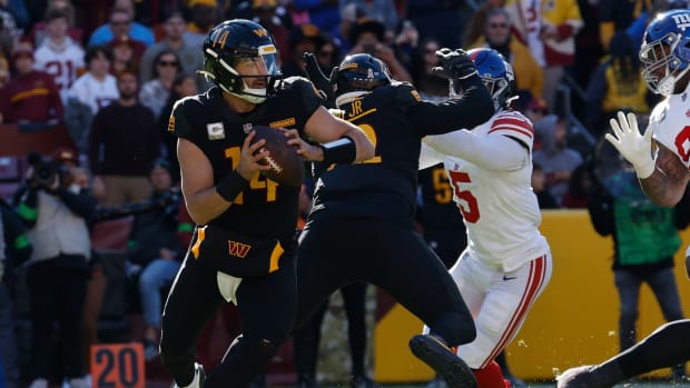 Former Washington Commanders quarterback Sam Howell against the New York Giants during the 2023 NFL Season.